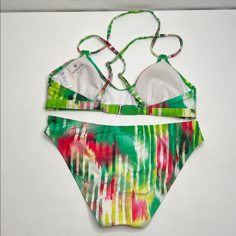 Athleta Wailea Scoop Crisscross Green Pink Striped Bikini small - Picture 7 of 9